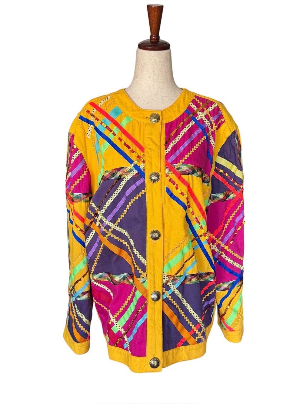 Vintage 80s Gene Ewing BIS Multi-Color Plaid Art to Wear Craft Jacket Medium